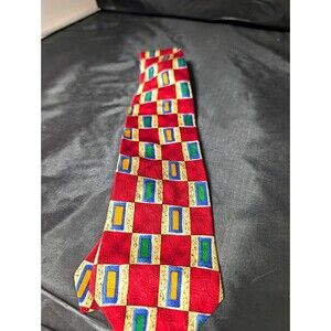 Bravini 100% Silk Tie Made in USA Red Geometric Abstract Retro 90s Mens Necktie
